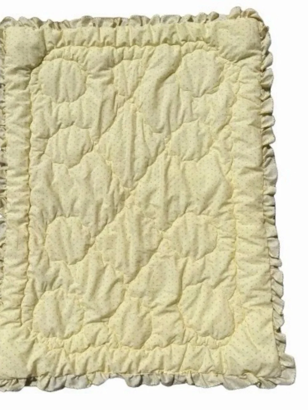 Vintage Yellow Quilted Baby Blanket Ruffle Edge Green Trim Calico Floral Print